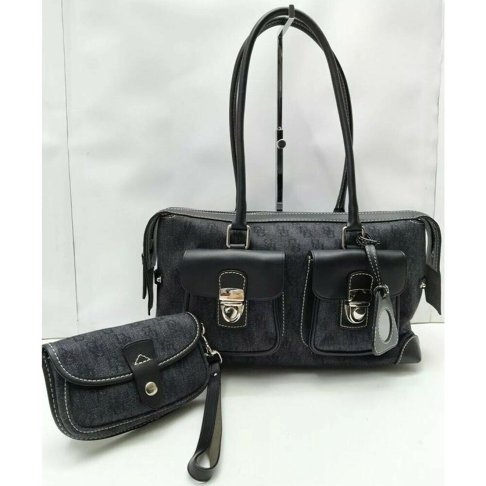 Dooney & Bourke Black Canvas DB Printed Pockets Zipper Satchel Bag w/ Wallet